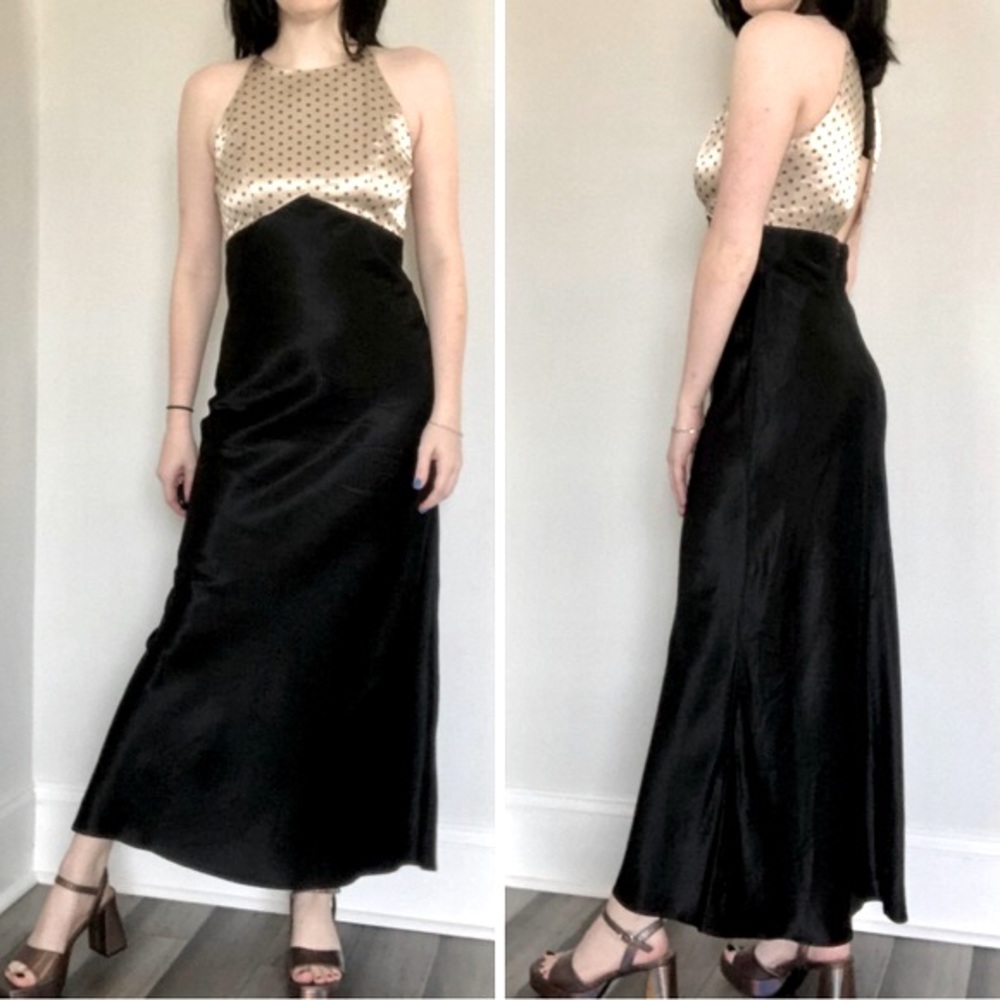 Vintage 90’s Dawn Joy Fashion Satin Bias Cut High Neck Floral Gown Maxi Dress